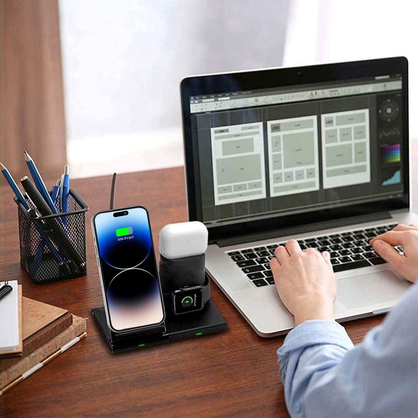 Wireless Charging Station,3 in 1 Wireless Charger Stand, Fast Wireless Charging Dock for Iphone 14/13/12/11/Pro/X/Max/Xs/Xr/8/Plus, for Apple Watch8/7/6/5/4/3/2/Se, for Airpods 3/2/Pro(With Adapter)
