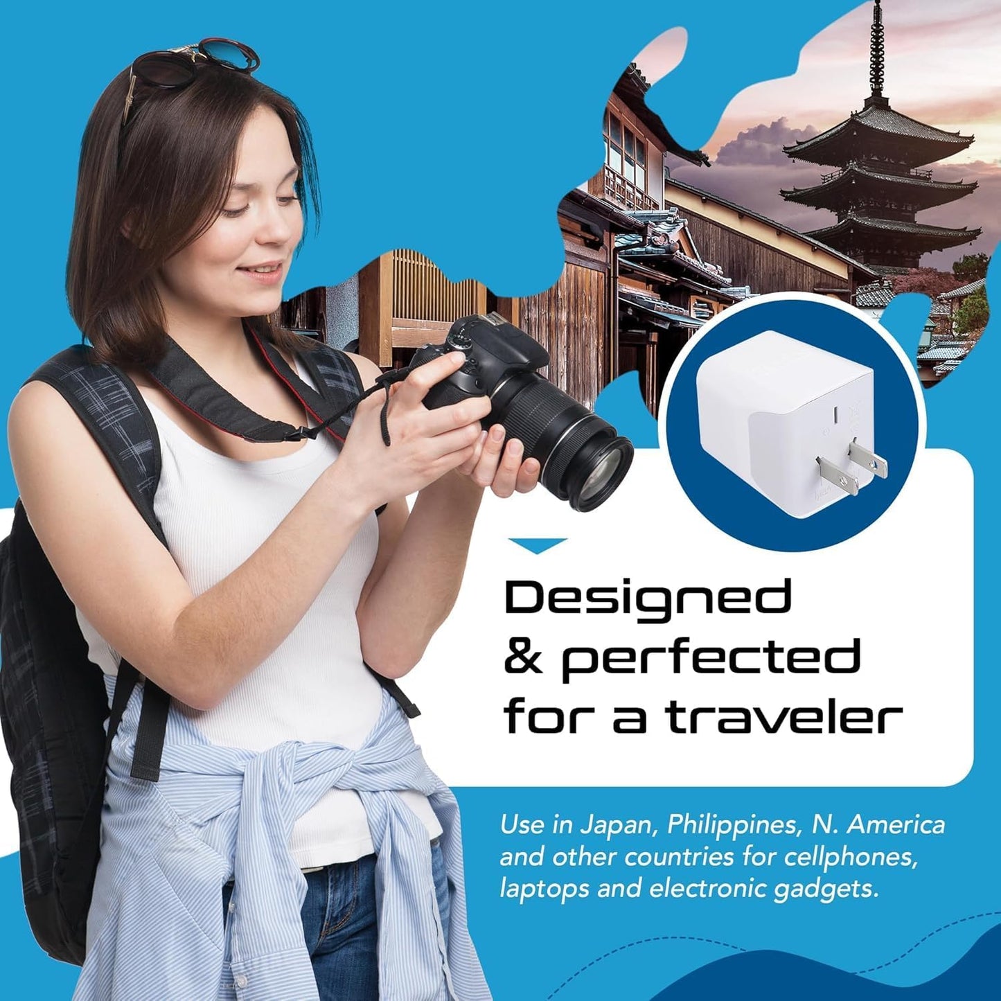 Japan, Philippines Travel Adapter Plug with Dual USB - Usa Input - Type a - Ultra Compact (CTU-6) - Perfect for Cell Phones, Laptops, Camera Chargers