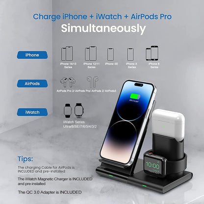 Wireless Charging Station,3 in 1 Wireless Charger Stand, Fast Wireless Charging Dock for Iphone 14/13/12/11/Pro/X/Max/Xs/Xr/8/Plus, for Apple Watch8/7/6/5/4/3/2/Se, for Airpods 3/2/Pro(With Adapter)