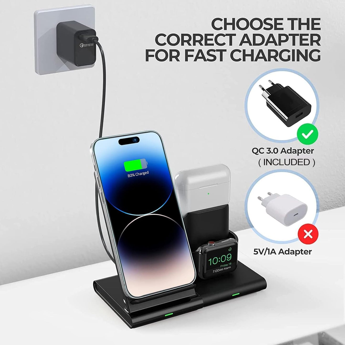 Wireless Charging Station,3 in 1 Wireless Charger Stand, Fast Wireless Charging Dock for Iphone 14/13/12/11/Pro/X/Max/Xs/Xr/8/Plus, for Apple Watch8/7/6/5/4/3/2/Se, for Airpods 3/2/Pro(With Adapter)