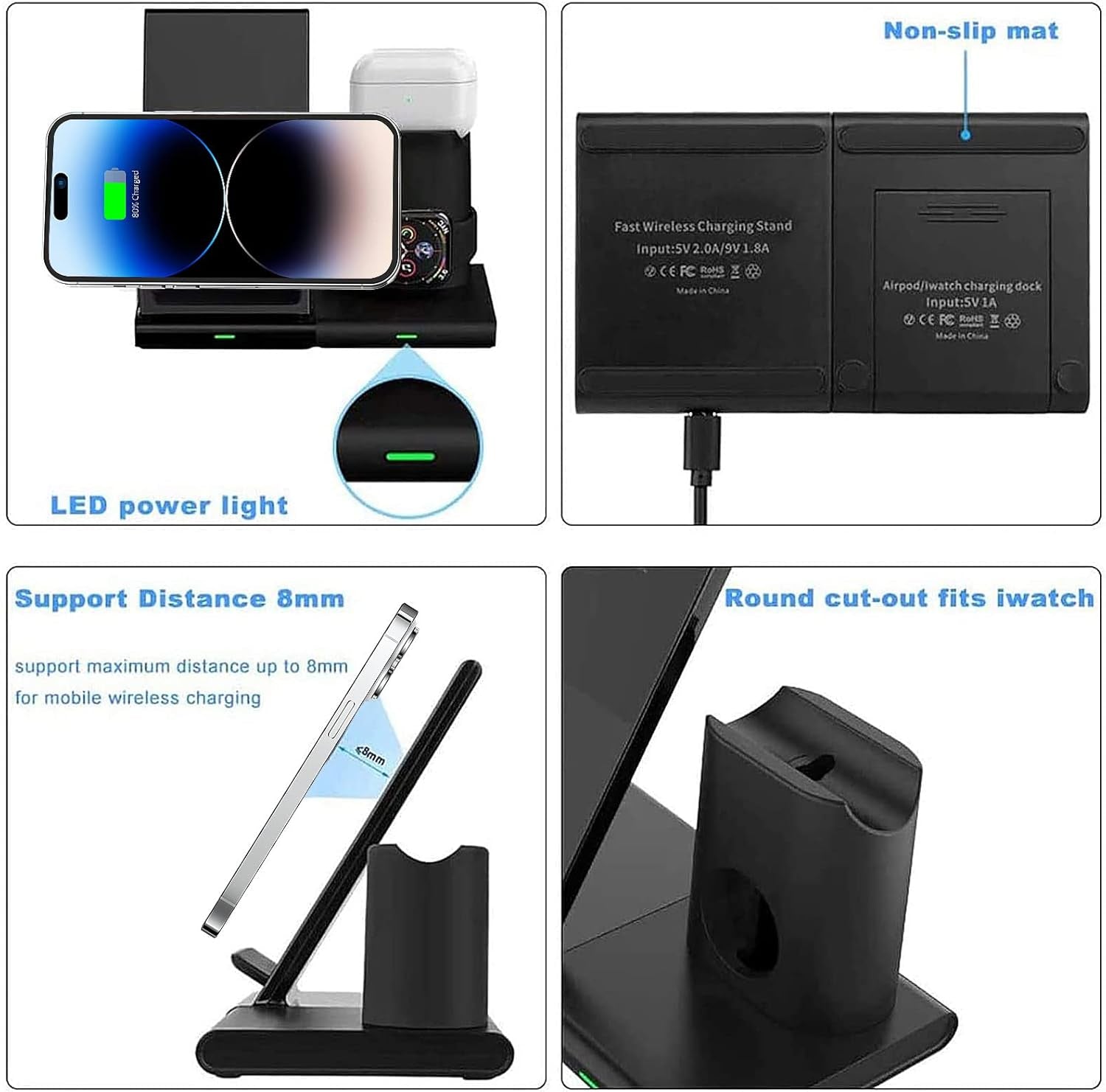 Wireless Charging Station,3 in 1 Wireless Charger Stand, Fast Wireless Charging Dock for Iphone 14/13/12/11/Pro/X/Max/Xs/Xr/8/Plus, for Apple Watch8/7/6/5/4/3/2/Se, for Airpods 3/2/Pro(With Adapter)