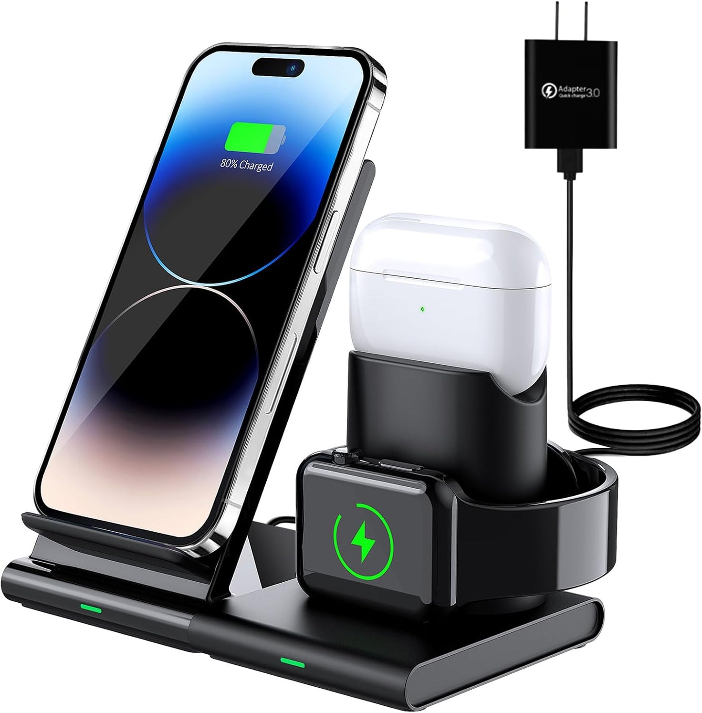 Wireless Charging Station,3 in 1 Wireless Charger Stand, Fast Wireless Charging Dock for Iphone 14/13/12/11/Pro/X/Max/Xs/Xr/8/Plus, for Apple Watch8/7/6/5/4/3/2/Se, for Airpods 3/2/Pro(With Adapter)