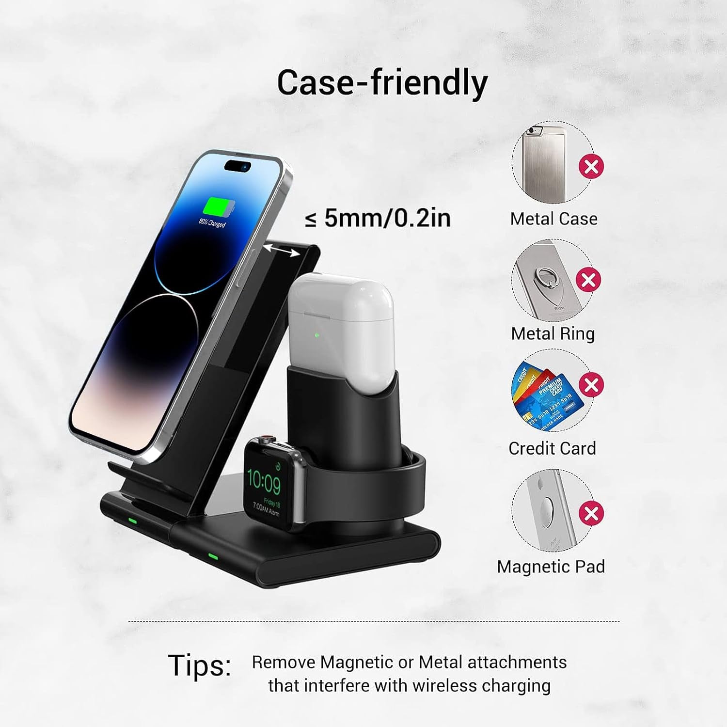 Wireless Charging Station,3 in 1 Wireless Charger Stand, Fast Wireless Charging Dock for Iphone 14/13/12/11/Pro/X/Max/Xs/Xr/8/Plus, for Apple Watch8/7/6/5/4/3/2/Se, for Airpods 3/2/Pro(With Adapter)