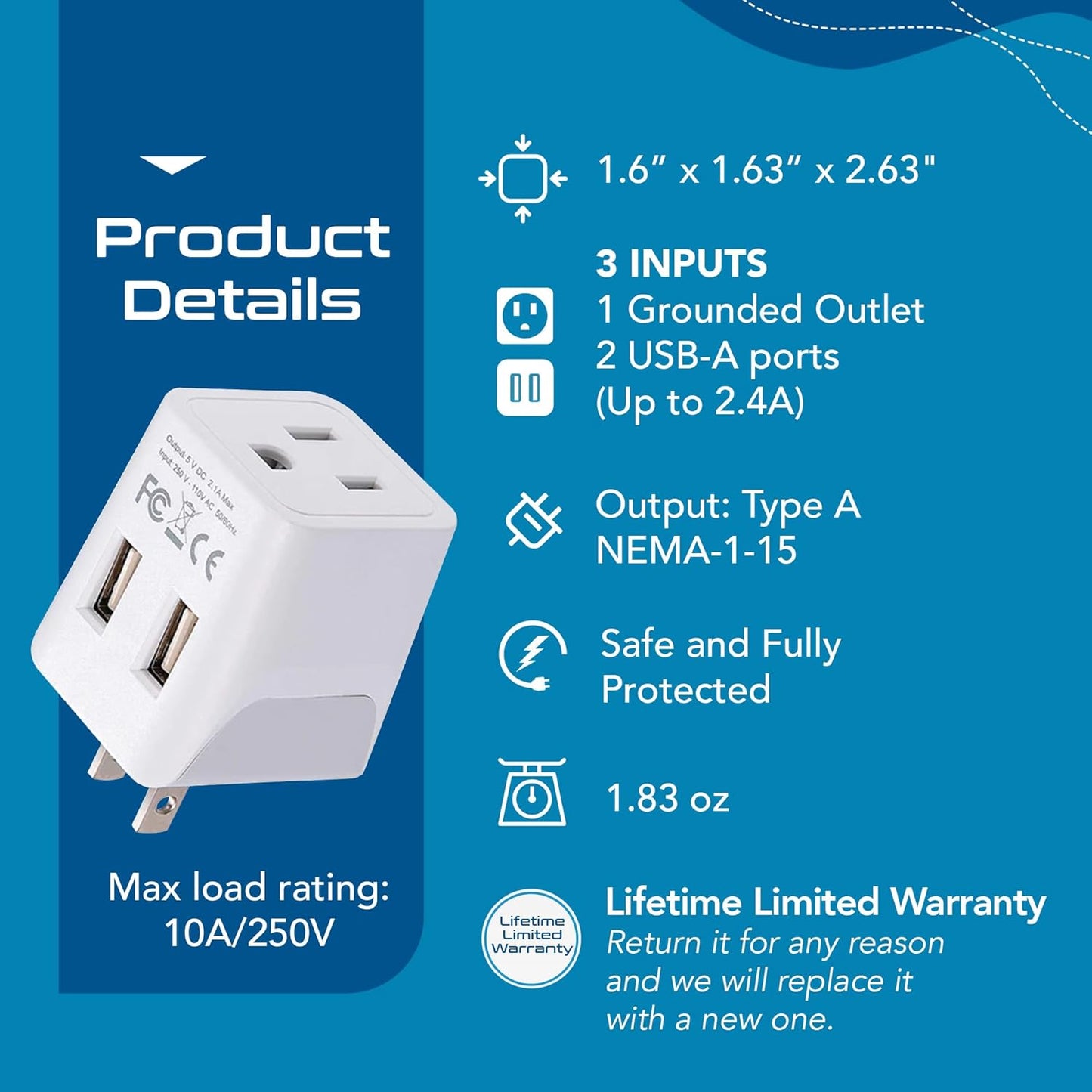 Japan, Philippines Travel Adapter Plug with Dual USB - Usa Input - Type a - Ultra Compact (CTU-6) - Perfect for Cell Phones, Laptops, Camera Chargers