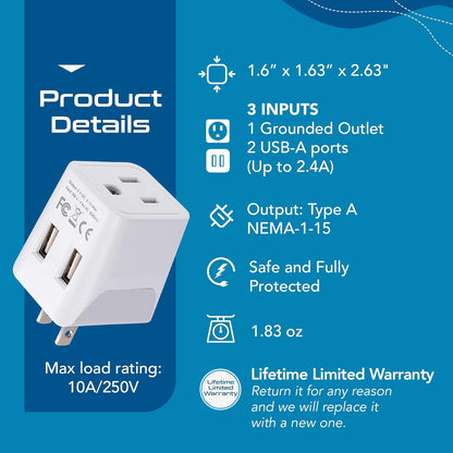 Japan, Philippines Travel Adapter Plug with Dual USB - Usa Input - Type a - Ultra Compact (CTU-6) - Perfect for Cell Phones, Laptops, Camera Chargers